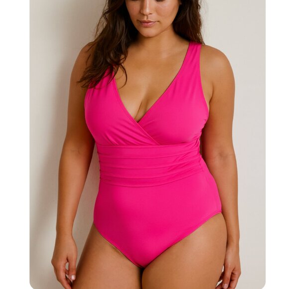 La Blanca One Piece Swimsuit Size 10 Hot Pink Ruched V Neck Strappy - Picture 1 of 7